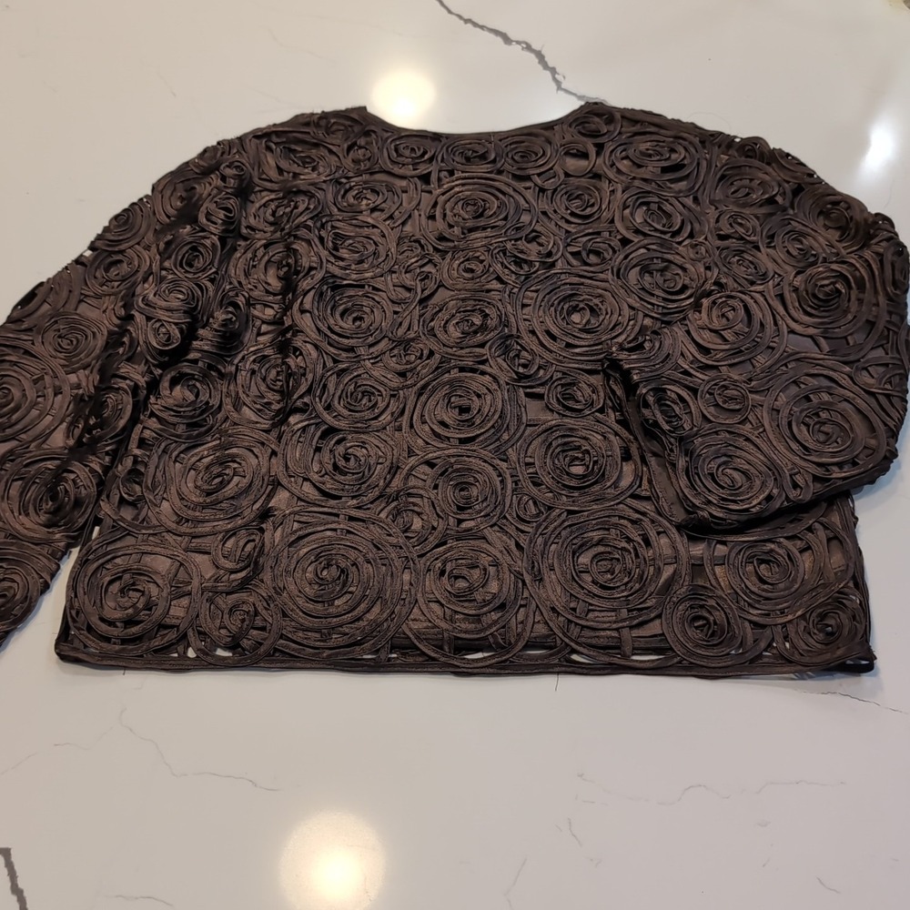 Chocolate Brown Rosette Ribbon Jacket Womens Large Open Front Cropped - Picture 10 of 13